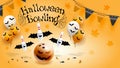 Happy Halloween Bowling pin and ball Poster Design Vector Illustration Orange background.