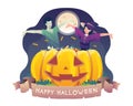 Happy Halloween with a boy and girl in costume celebrating Halloween in a giant pumpkin with candies. Vector illustration Royalty Free Stock Photo