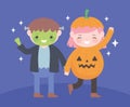 Happy halloween, boy and girl zombie and pumpkin costume character, trick or treat party celebration