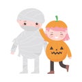 Happy halloween, boy mummy and girl pumpkin costumes cartoon