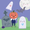 Happy halloween, boy with pumpkin costume ghost bat spider and tombstone trick or treat party celebration Royalty Free Stock Photo