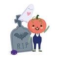 Happy halloween, boy pumpkin costume ghost and tombstone, trick or treat party celebration Royalty Free Stock Photo