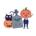 Happy halloween, boy with skeleton costume tombstone pumpkin and cat trick or treat party celebration Royalty Free Stock Photo