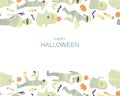 Happy Halloween. Bright Halloween party invitation or greeting card. Festive vector template with ghosts, mummies