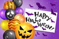 Happy Halloween. Bunch of Halloween ghost balloons, bats and colorful confetti and text Happy Halloween. Flying bunch of shiny