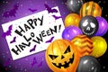 Happy Halloween. Bunch of Halloween ghost balloons, bats and colorful confetti and text Happy Halloween.
