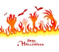 Happy Halloween. Burning flames and monster hands. Vector illustration