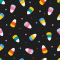 Happy Halloween candies seamless pattern on black background, vector illustration. Royalty Free Stock Photo