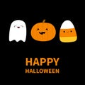 Happy Halloween. Candy corn, ghost spirit, pumpkin with face. Cute cartoon kawaii funny baby character set. Flat design. Black Royalty Free Stock Photo