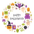 Happy halloween card. Autumn halloween pumpkin, bat and witch cauldron party invitation vector illustration. Cute