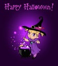 Happy halloween card with baby girl witch with broom and cauldron on purple background Royalty Free Stock Photo