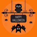 Happy Halloween card. Bat hanging on wrought iron sign board. Owl bird, spider dash line web. Royalty Free Stock Photo