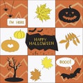 Happy halloween card with bats, pumpkin and spiders on white and red