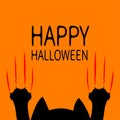 Happy Halloween card. Black cat. Paw print Head silhouette. Red bloody claws animal scratch scrape track. Cute cartoon funny chara