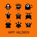 Happy Halloween card. Black monster big set. Cute cartoon scary silhouette character. Baby collection. Orange background. Royalty Free Stock Photo