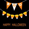 Happy Halloween card. Bunting flags pack Boo letters. Candy corn. Flag garland. Party decoration element. Hanging text on rope thr Royalty Free Stock Photo