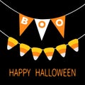 Happy Halloween card. Candy corn. Bunting flags pack Boo letters. Flag garland. Party decoration element. Hanging text on rope thr Royalty Free Stock Photo