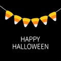 Happy Halloween card. Candy corn bunting flags pack. Party decoration element. Flag garland. Hanging on rope thread. Orange white