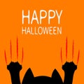 Happy Halloween card. Cartoon black cat. Paw print Head silhouette. Red bloody claws animal scratch scrape track. Cute funny chara