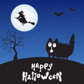 Happy Halloween card with cartoon cat, witch and moon. Royalty Free Stock Photo