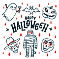 Happy Halloween card. Cartoon pumpkins, mummy, bat, ghost and skulls on white background with red blood drops. Vector Royalty Free Stock Photo