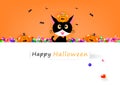 Happy Halloween card, cat and sweet candy with cute pumpkin, celebration holiday season, party festival cartoon invitation poster