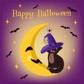 Happy Halloween card. The cat in the witch hat sits on the moon. Vector illustration Royalty Free Stock Photo