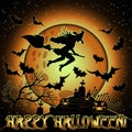 Happy Halloween card with cemetery and witch on a broomstick Royalty Free Stock Photo