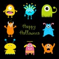 Happy Halloween card. Colorful monster big set. Cute cartoon scary character. Baby collection. Black background. . Flat de Royalty Free Stock Photo