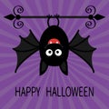 Happy Halloween card. Cute cartoon hanging bat. Animal character Royalty Free Stock Photo