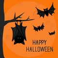 Happy Halloween card. Cute sleeping bat hanging on tree. Royalty Free Stock Photo