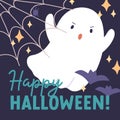 Happy Halloween card design with cute funny evil ghost, web, bats. Baby boo character, spirit on Helloween holiday Royalty Free Stock Photo