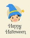 Happy Halloween Card Design, Wizard Cartoon Vector Royalty Free Stock Photo