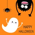 Happy Halloween card. Flying ghost spirit. Monster head silhouette. Eyes, hands. Hanging upside down. Black spider dash line. Funn