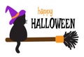 Happy Halloween card. Funny black cat in a witch hat sitting on witch broom. Cute illustration in cartoon flat style Royalty Free Stock Photo