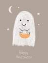 Happy Halloween Card.Funny Sketched Illustration with Cute White Little Ghost Holding Orange Basket.