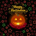 Happy halloween Card. Jack pumpkin lantern and candles glowing. Vector illustration with kids design background. Royalty Free Stock Photo