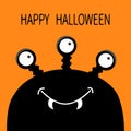 Happy Halloween card. Monster head silhouette with three eyes, fang tooth. Black color. Funny Cute cartoon character. Baby collect