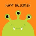 Happy Halloween card. Monster head silhouette with three eyes, fang tooth. Green color. Funny Cute cartoon character. Baby collect