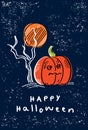 Happy Halloween card with orange pumpkin. Dark blue background.