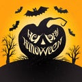 Happy Halloween card with pumpkin. Vector illustration with lettering.