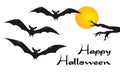 Happy Halloween card with scary flying vampire bats, yellow moon Royalty Free Stock Photo
