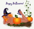 Happy Halloween card, sexual red hair witch and pumpkin. vector