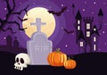 Happy halloween card with skull and pumpkin in cemetery scene