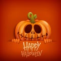 Happy Halloween card with smiling pumpkin character. Royalty Free Stock Photo