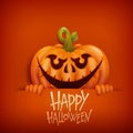 Happy Halloween card with smiling pumpkin character. Royalty Free Stock Photo