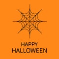 Happy Halloween card. Spider round web. Black cobweb . Decoration element. Flat design. Orange background. Royalty Free Stock Photo