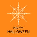 Happy Halloween card. Spider round web. White cobweb . Decoration element. Flat design. Orange background. Royalty Free Stock Photo