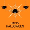 Happy Halloween card. Spider on the web. Cute cartoon baby character. Three hanging spiders. Insect set. Dash line. Cobweb white.