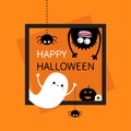 Happy Halloween card. Square frame. Flying ghost, monster head silhouette. Hanging upside down. Black spider dash line. Pumpkin, e